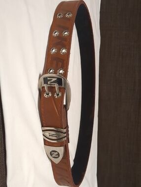 Vintage Mens Brown Leather- Metal Buckle Belt 36-42 Engraved 90s Country Western